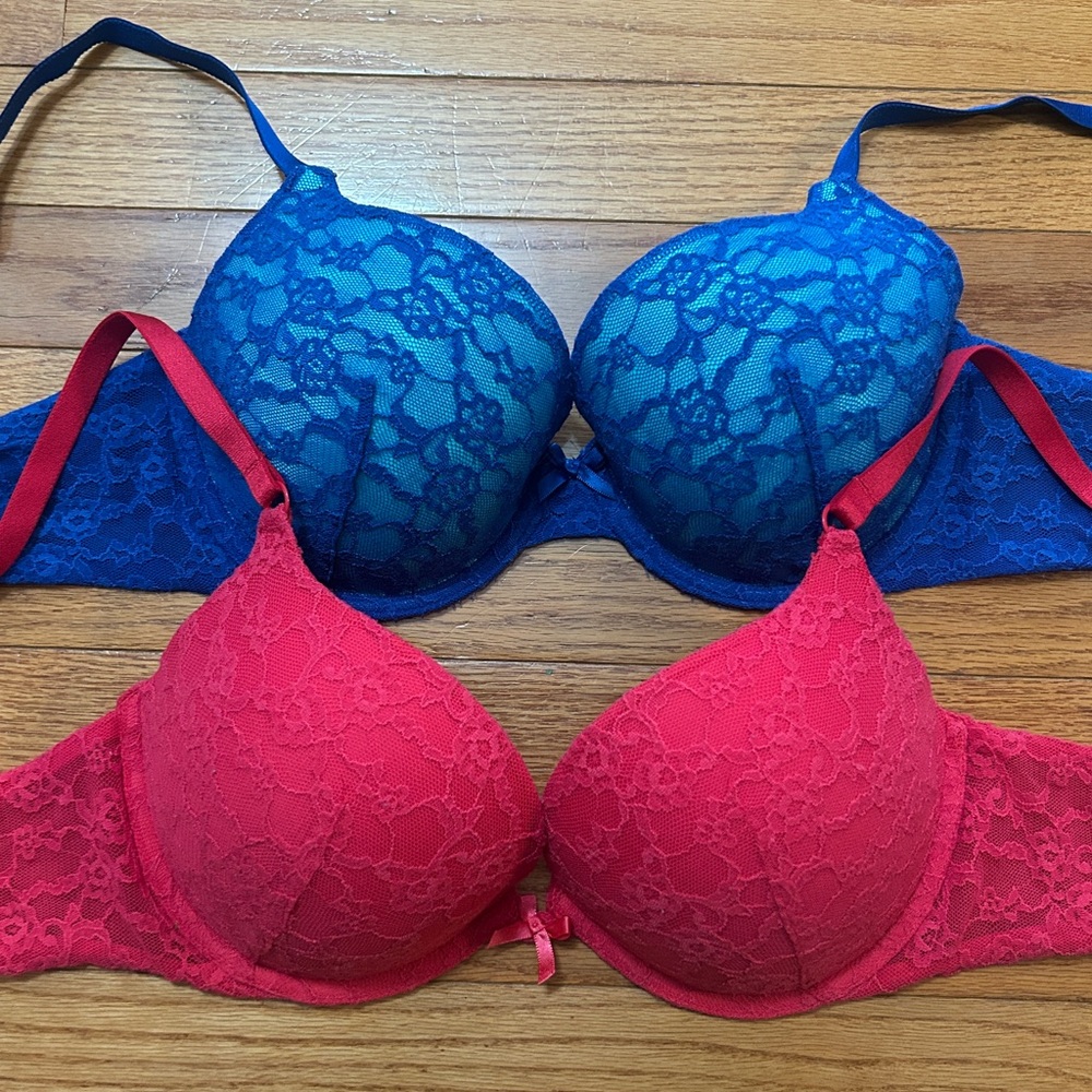 Victoria Secret Bras Size 36C Red Blue Lace Push Up And Demi Valentines Day